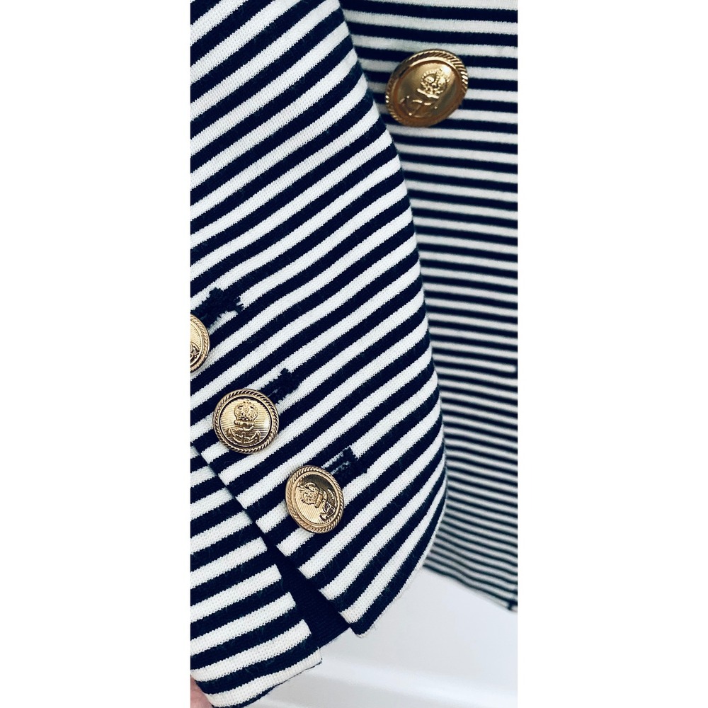 Cabi Navy White Striped Double Breasted Blazer Gold Crest Button Jacket Womens M - Picture 5 of 10